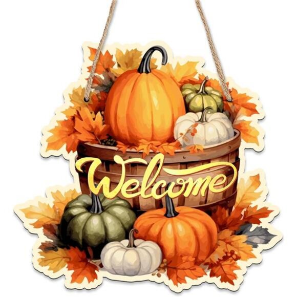 Thanksgiving Hanging Welcome Sign With Sisal Ropes - Watercolor Pumpkins & - Picture 1 of 6